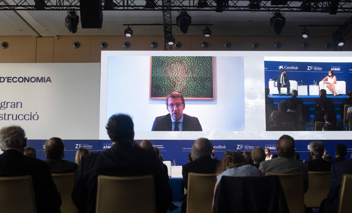 Feijóo, durante su intervención por videoconferencia. Foto: DAVID ZORRAKINO/EP